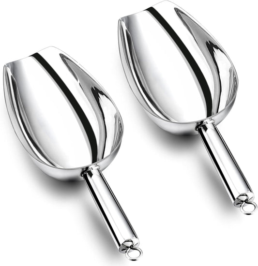 12 Ounce Ice Scoop Set of 2, Stainless Steel Large Food Scoop for Candy Bean Rice Flour Popcorn Cereal, Mirror Finish & Hanging Loop, Sturdy & Dishwasher Safe