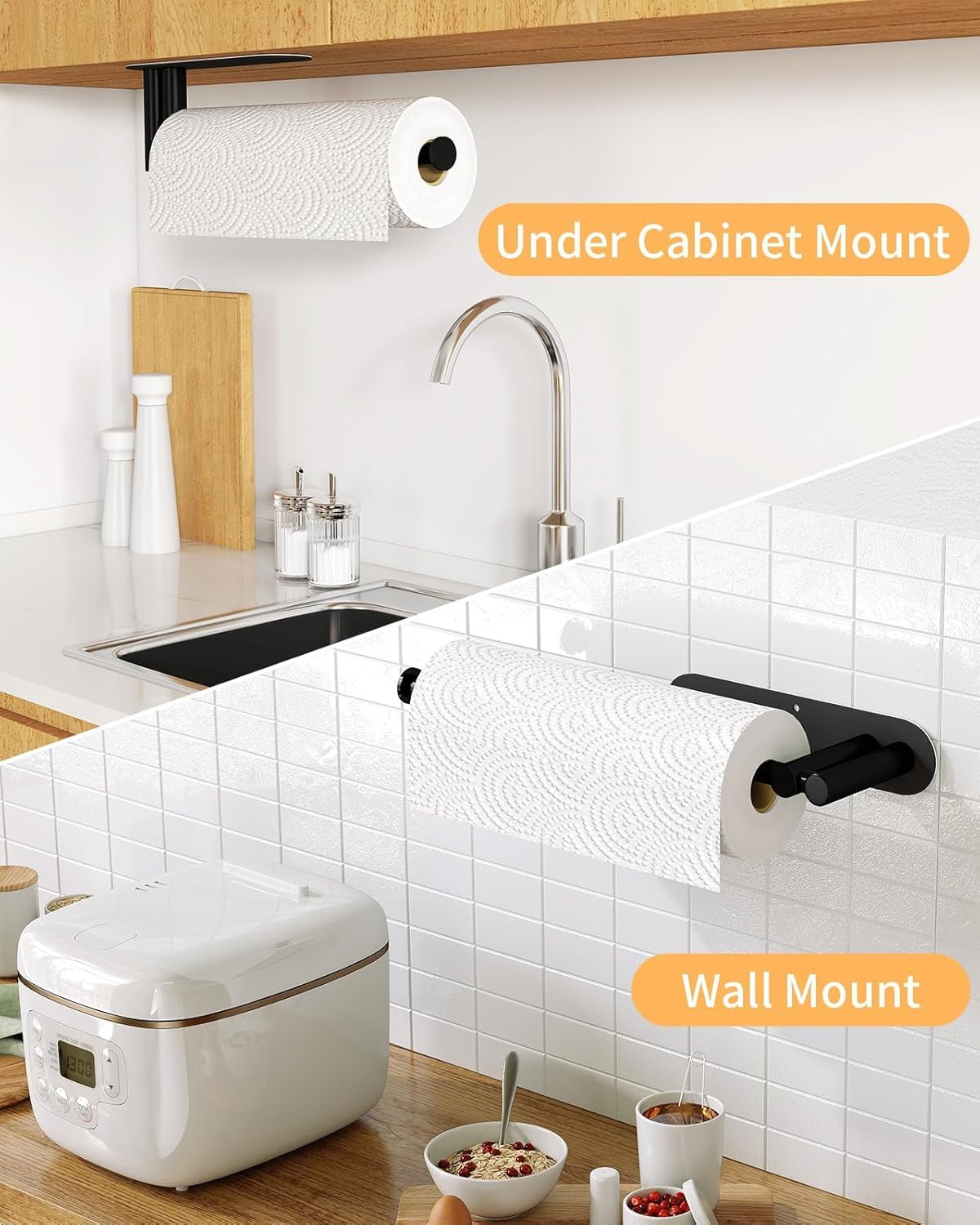 Paper Towel Holder under Cabinet, 13Inch Self-Adhesive or Wall Mount Paper Towel Holder for Kitchen, Bathroom, RV, Stainless Steel Black Paper Towel Holder under Counter or inside Cabinet