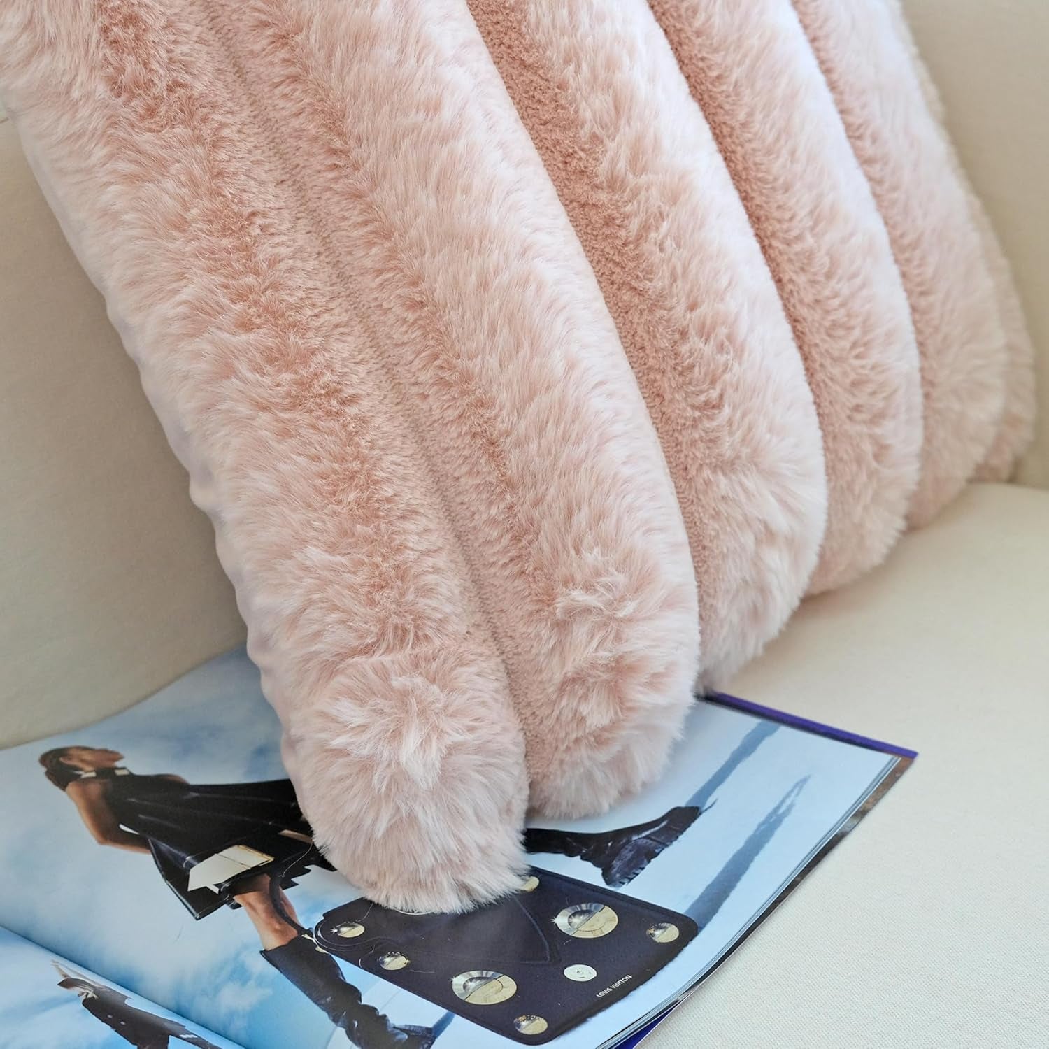 Pack of 2 Faux Fur Plush Decorative Throw Pillow Covers Couch Cushion Case Soft Fluffy Pillowcases Wide Stripe (Pink, 18 X 18 Inch)