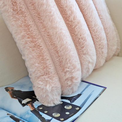 Pack of 2 Faux Fur Plush Decorative Throw Pillow Covers Couch Cushion Case Soft Fluffy Pillowcases Wide Stripe (Pink, 18 X 18 Inch)