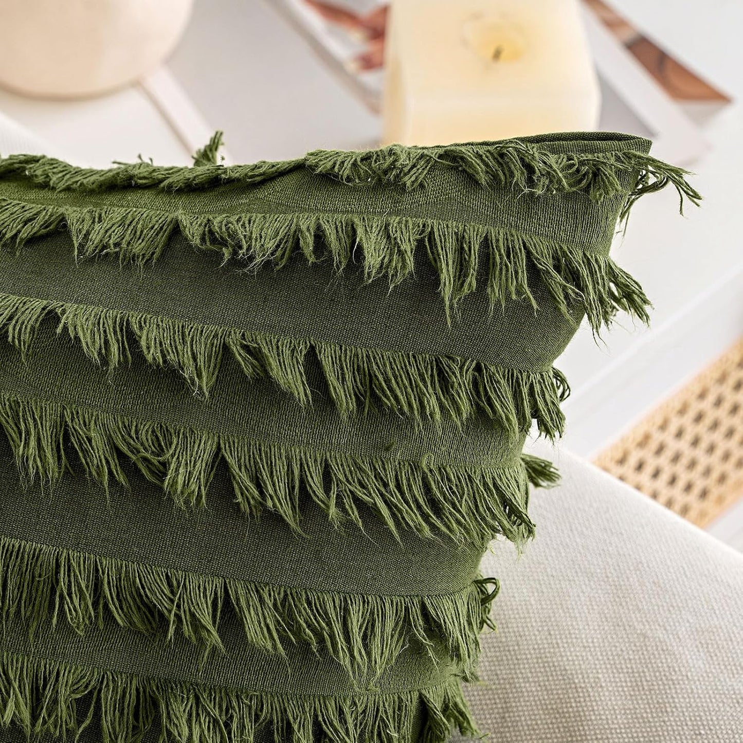 Pack of 2 Decorative Boho Throw Pillow Covers 20X20 Inch Sage Green Pillowcases Linen Striped Jacquard Pattern Pillow Covers Modern Farmhouse Home Decor for Spring Sofa Living Room Couch