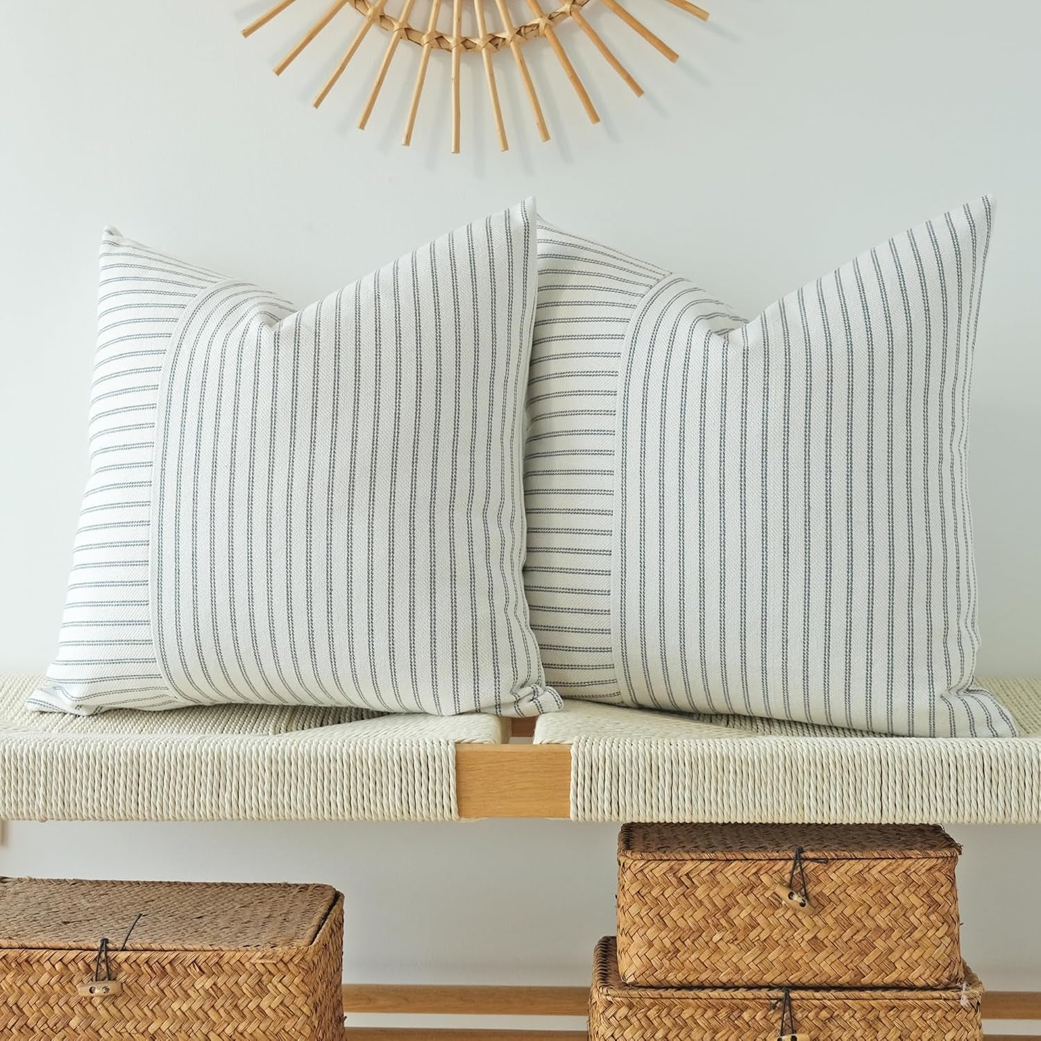 Grey and Beige Patchwork Farmhouse Pillow Covers 18X18 Inch, Pack of 2 Striped Linen Decorative Modern Accent Pillow Cases for Sofa Couch Bedroom 18 X 18