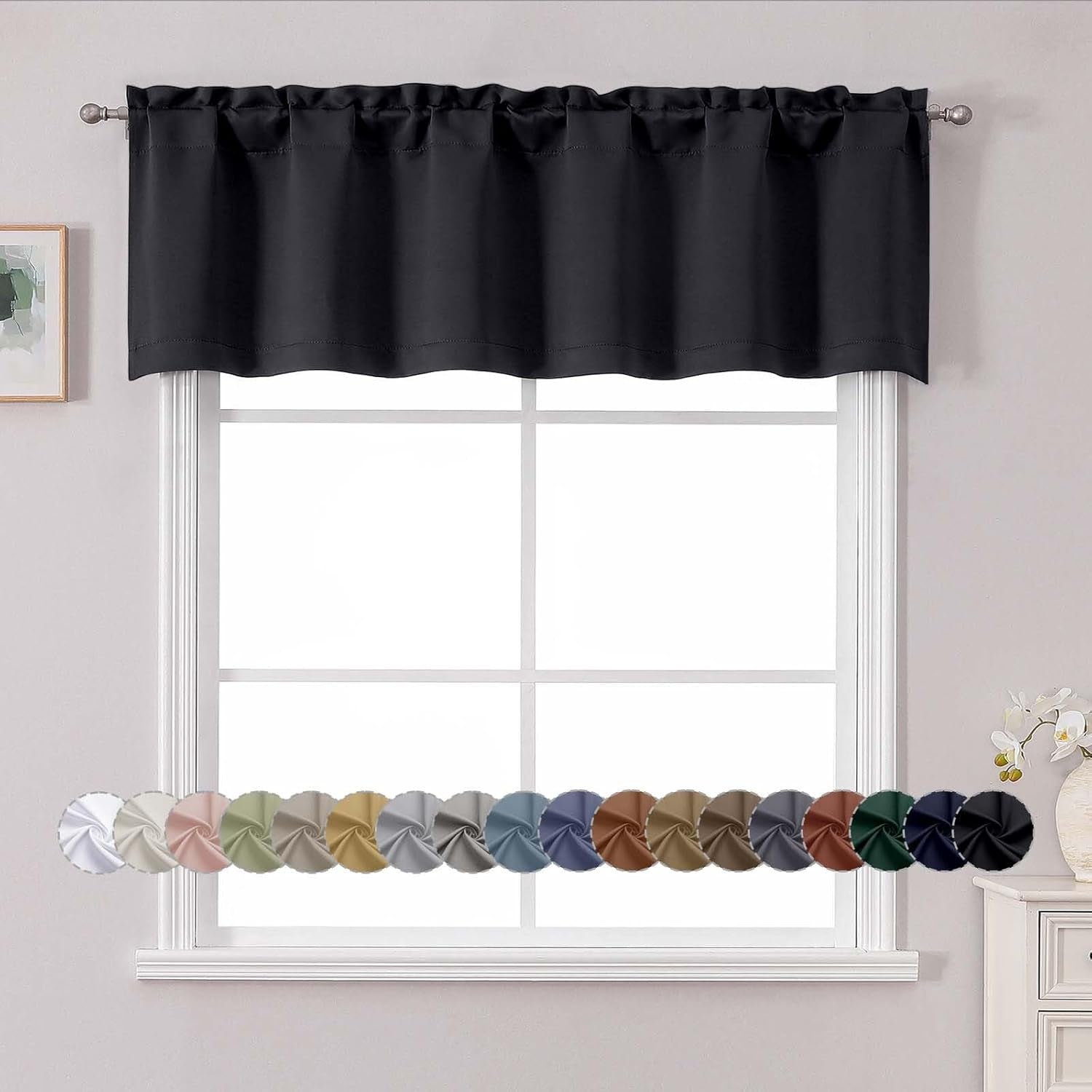 Black Valance for Window, Blackout Small Kitchen Curtain for Bedroom/Living Room, Rod Pocket Privacy Short Window Treatment Valance RV Bunk Panels, 60" Wx14 L