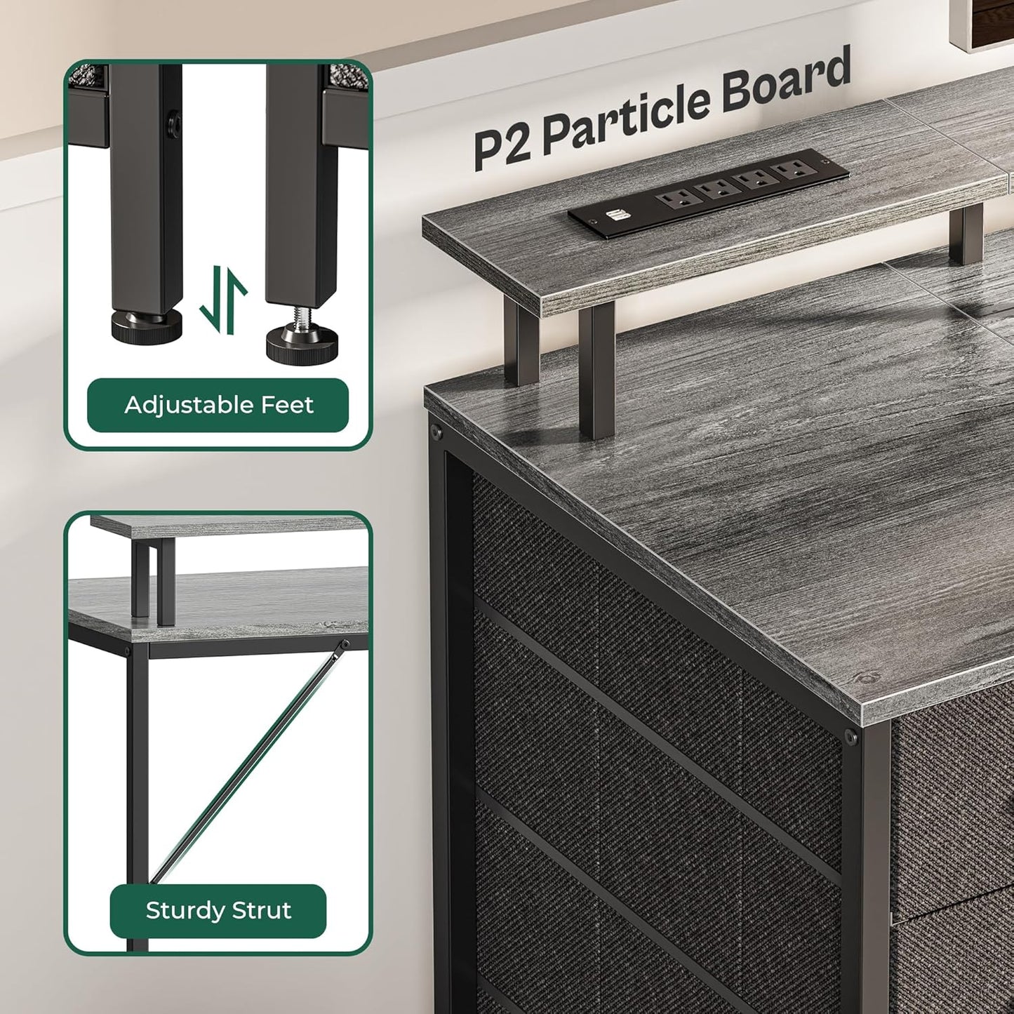 47-Inch Computer Desk with Integrated Power Outlets and LED Lighting, Gaming and Office Desk with Four Drawers and Monitor Stand, Ideal for Home Offices and Small Spaces, Gray