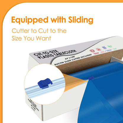 Blue Disposable Plastic Table Cloth Roll 54" X 100', Plastic Table Cover with Cutter Box, Cut to Size Disposable Tablecloth for Parties