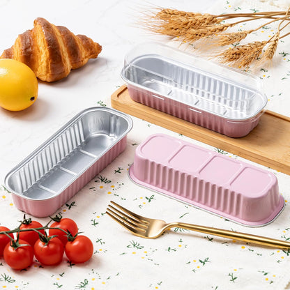 Mini Cake Pans with Lids and Spoons, Small Aluminum Foil Loaf Pans, Rectangular Baking Containers for Party and Picnics, 25 Pack, 6.8Oz (Pink)