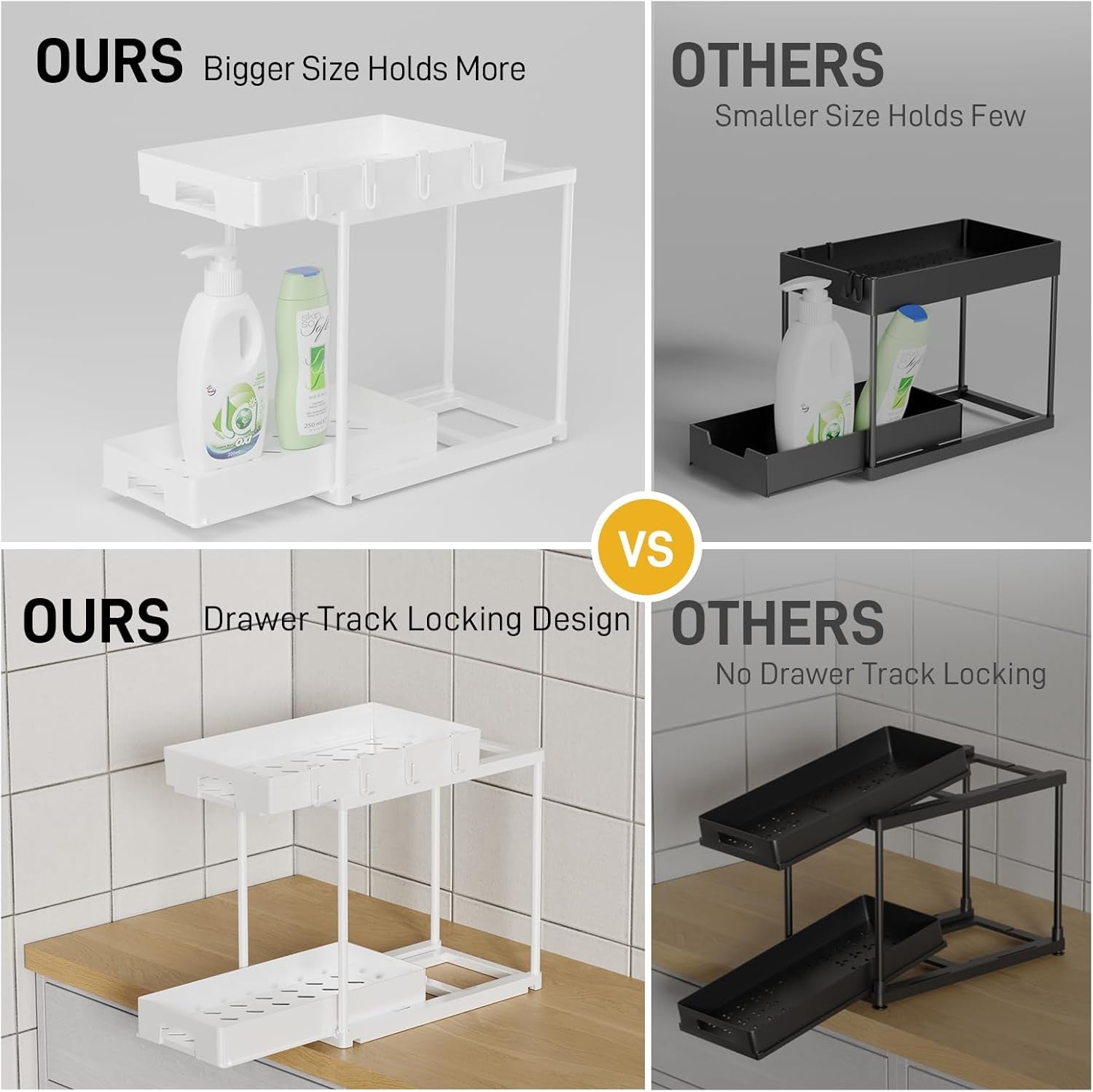 under Sink Organizers and Storage, 2 Pack Pull Out Kitchen Bathroom Cabinet Organizer, 2 Tier White under Sink Storage for Bathroom Kitchen, under Counter Storage Organizer with 8 Hooks