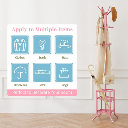 Coat Rack Freestanding, Coat Tree with Umbrella Holder, Metal Coat Rack Stand with 12 Hooks, Modern Coat Hanger Stand for Entryway, Purse Rack Hat Rack Stand for Living Room Bedroom Office
