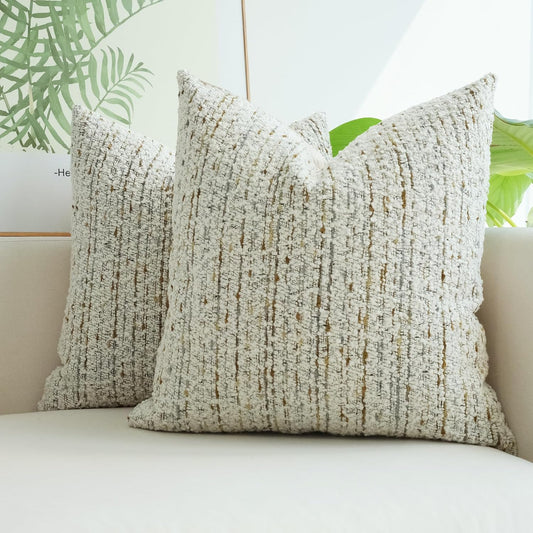 Pack of 2 Textured Bouclel Decorative Throw Pillow Covers Farmhouse Boho Home Decor Striped Corduroy Square Chenille Pillowcases 18 X 18 Inch Beige