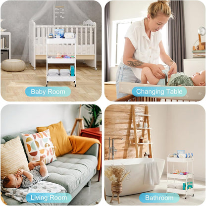 Baby Diaper Caddy Organizer, Metal Utility Diaper Cart, Multifunction Essential Newborn Baby Registry Items, Movable Changing Station/Easy Assembly, White