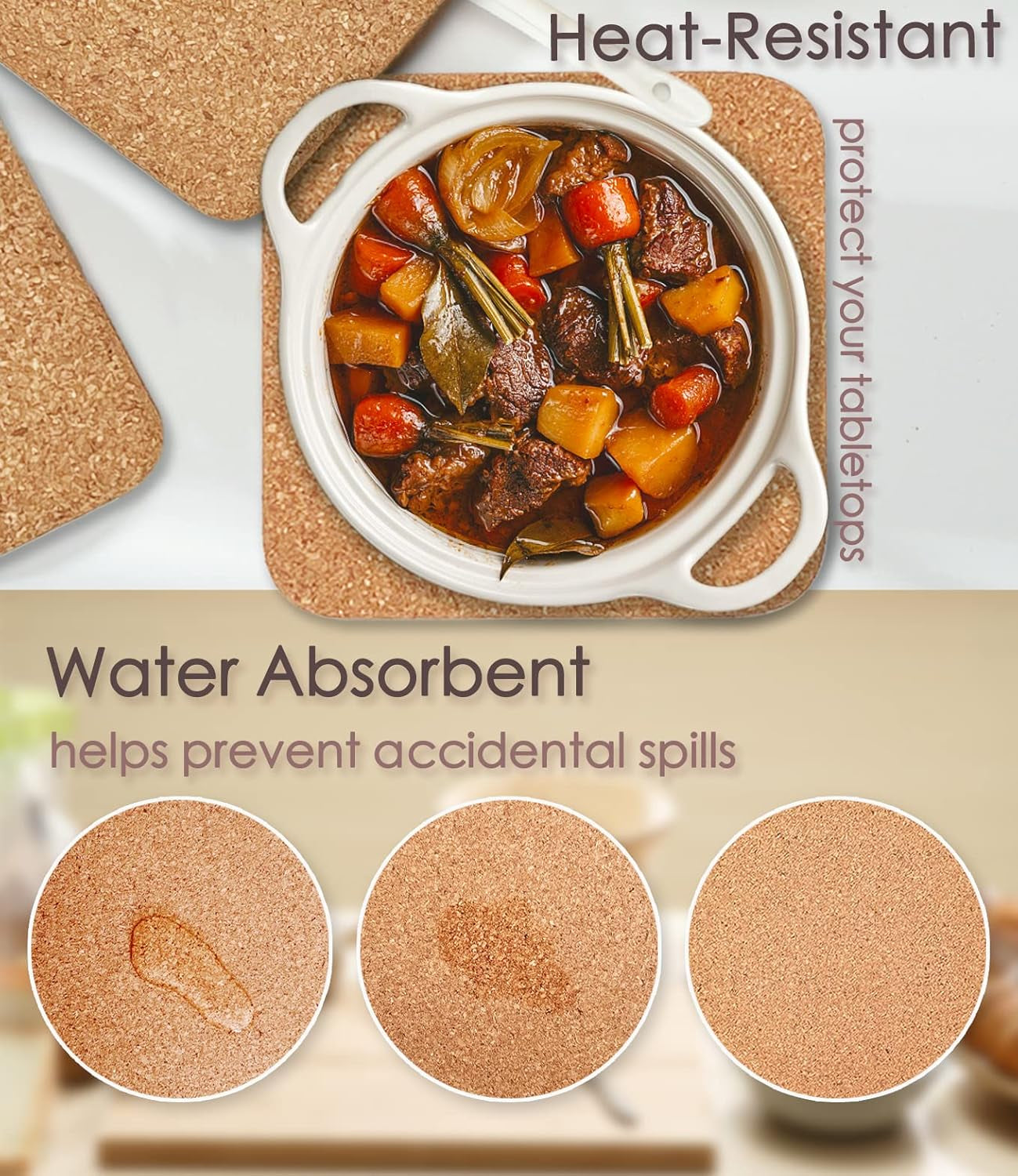 Cork Trivet, 4 Pcs High Density Thick Square Cork Trivets for Hot Dishes, 8 Inch Heat Resistant Multifunctional Cork Coaster, Cork Hot Pads for Table & Countertop