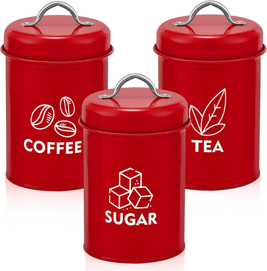 Canisters Set of 3, Metal Kitchen Canister with Lid Set for Sugar Tea Coffee, Food Storage Jars, Vintage Containers for Candy, Cookie or Beans, 4” X 6.89”, (5 Cups), Red