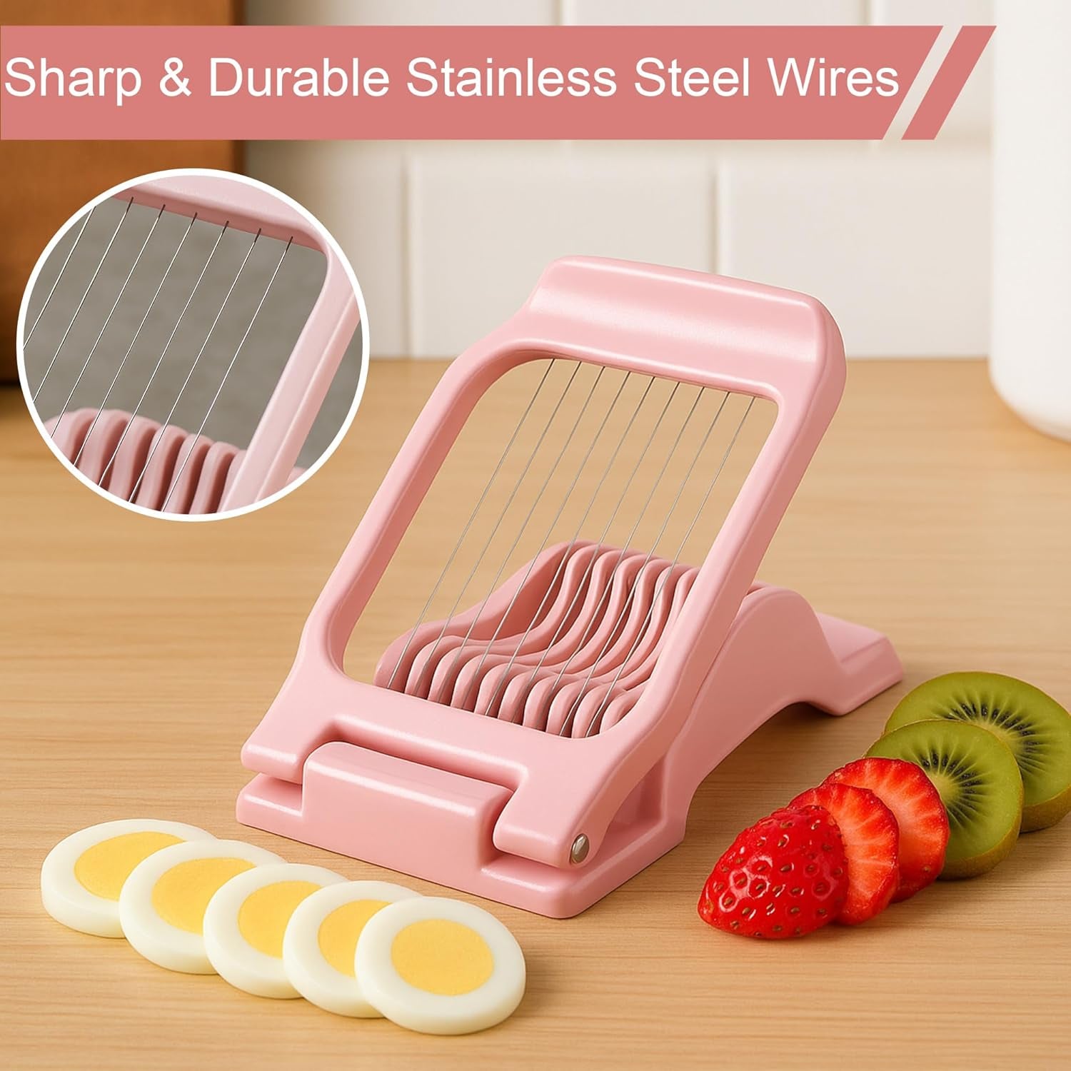 2PCS Pink Egg Slicer for Hard Boiled Eggs,Strawberry Kiwi Heavy Duty Stainless Steel Wire Fruit Cutter,Tomato Mushroom Salad Chopper for Home Use Egg Peeler Tool