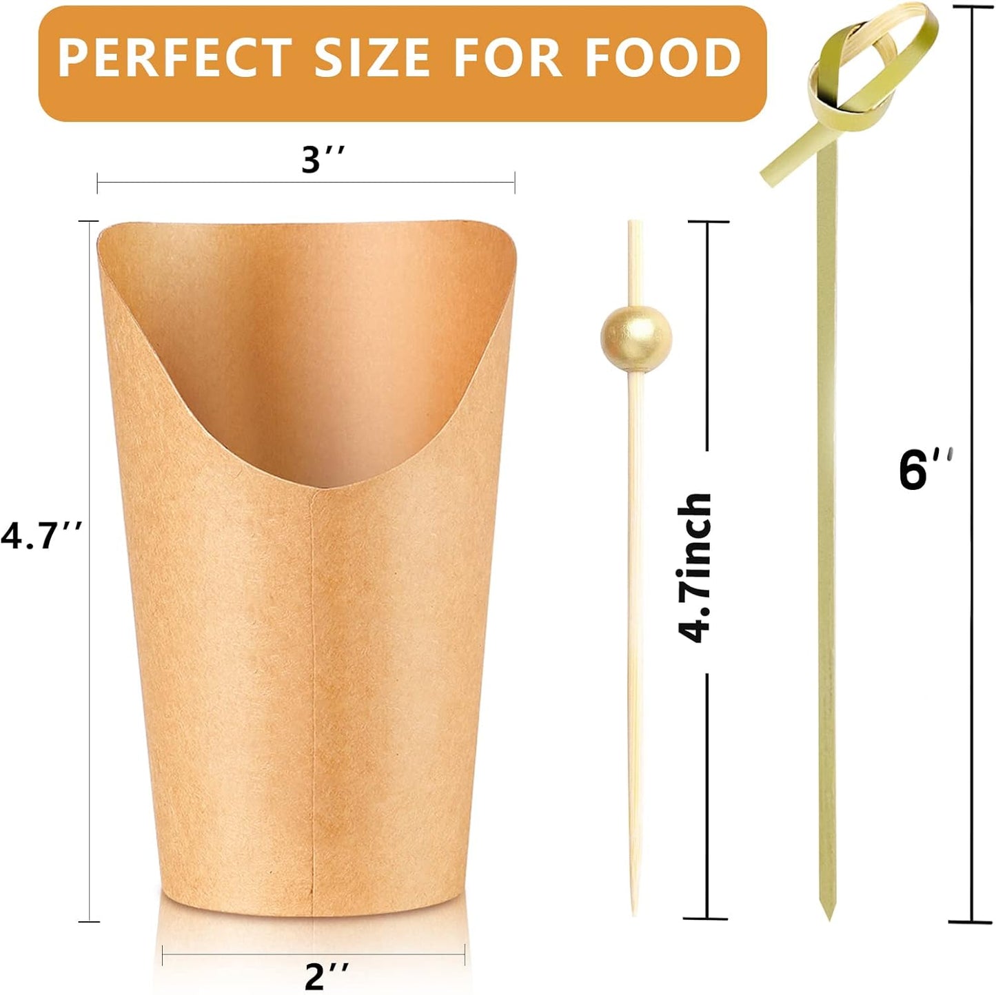 50 Charcuterie Cups with Sticks + 200 Cocktail Picks + 50 Labels, Disposable French Fry Holder with Bamboo Skewers Toothpicks, 12 Oz Brown Kraft Paper Appetizer Cups Charcuterie Boards Accessories