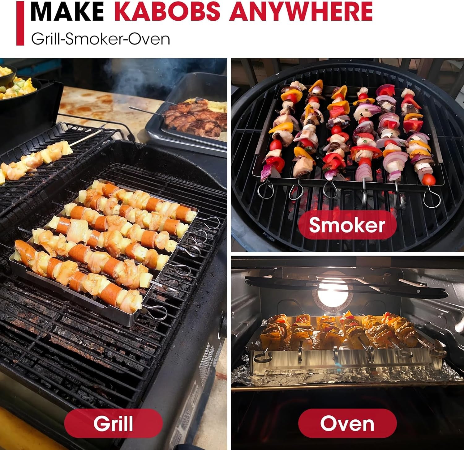 Stainless Steel BBQ Shish Kabob Set, Foldable Shish Kabob Holder with 6Pcs 13"L Skewers, Reusable Grill Rack, Comes with 30Pcs 12.5"L Bamboo Skewers for Party and Cookout