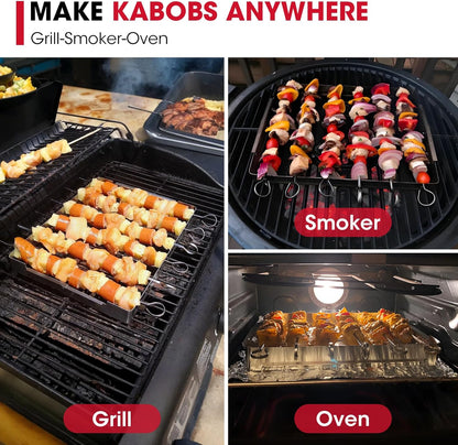 Stainless Steel BBQ Shish Kabob Set, Foldable Shish Kabob Holder with 6Pcs 13"L Skewers, Reusable Grill Rack, Comes with 30Pcs 12.5"L Bamboo Skewers for Party and Cookout