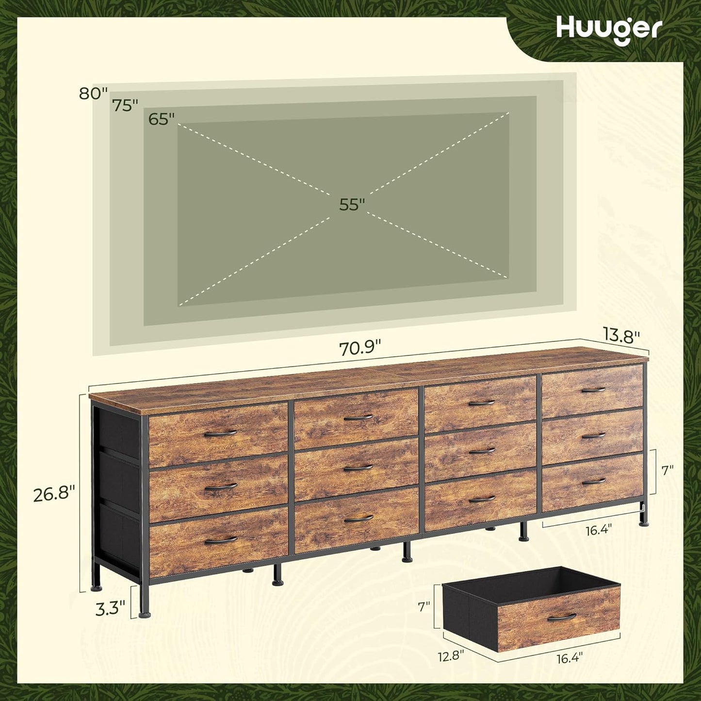 70-Inch Rustic Brown Dresser and TV Stand for 65, 75, and 80-Inch TVs, Featuring 12 Fabric Drawers and Ample Storage for Bedroom Entertainment Centers