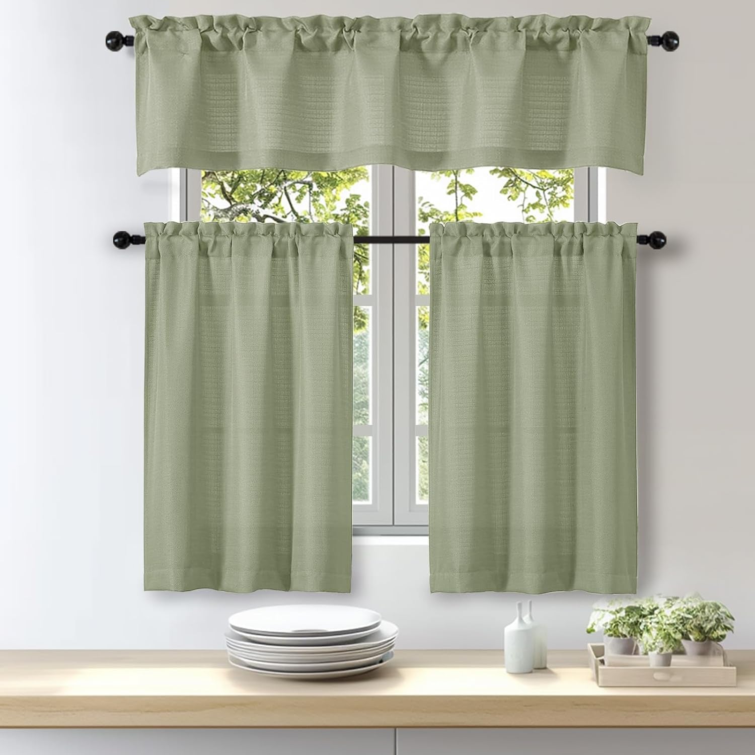 Bob 2 Panels Sage Green Kitchen Curtains Sets for Windows 36 Inch Length, Faux Linen Textured Short Cafe Curtains Tiers for Kitchen, Rod Pocket Small Window Drapes for Bathroom, 30Wx36L Inch