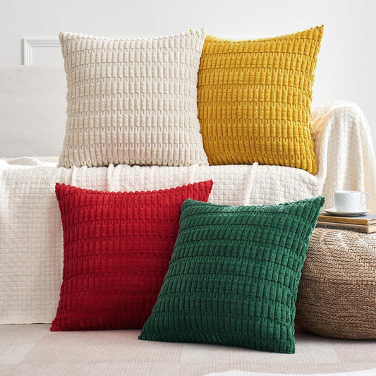 Pack of 4 Boho Farmhouse Dark Green and Yellow Corduroy Decorative Throw Pillow Covers 18X18 Inch Retro Soft Striped Pillow Covers Home Decor for Sofa Living Room Couch Bed