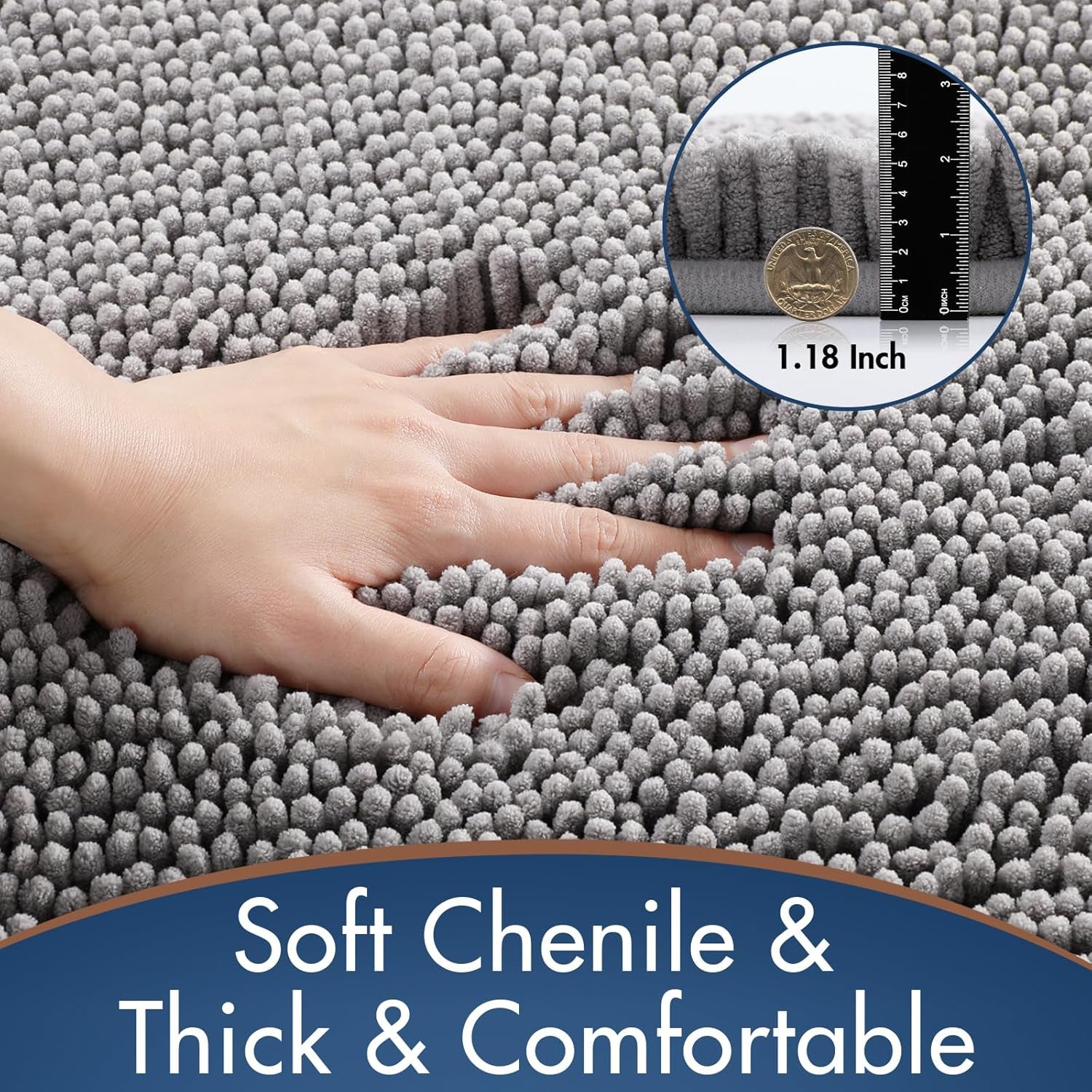 Bathroom Rug Set 2-Piece, Soft Absorbent Quick-Dry Chenille Bath Mats, Machine-Washable, Bathroom Mats for Floor, Tub & Shower, Bath Rugs for Bathroom – 32X20 + 24X17, Grey