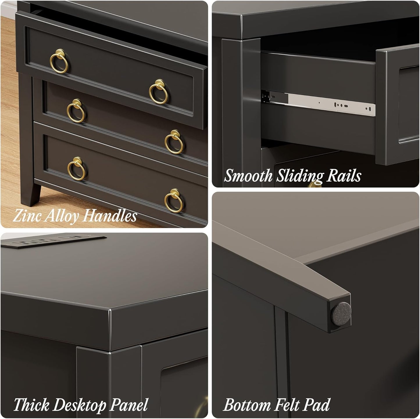 23.6-Inch Modern Nightstand with Charging Station and USB-C Port, Three Drawer Bedside Table, Black Finish