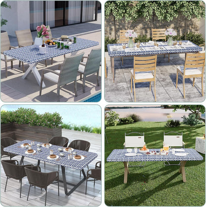 2 Pack 6 Foot Rectangle Picnic Tablecloth, Elastic Fitted Waterproof Table Cover, Windproof Washable Polyester Table Cloth for Camping, Indoor and Outdoor (Navy, 30" X 72")