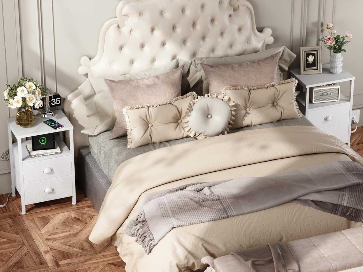 Nightstands Set of 2, End Tables Set of 2 with Charging Station and LED Lights, White Night Stands with 2 Fabric Drawers, Bedside Tables for Living Room/Bedroom