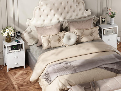 Nightstands Set of 2, End Tables Set of 2 with Charging Station and LED Lights, White Night Stands with 2 Fabric Drawers, Bedside Tables for Living Room/Bedroom