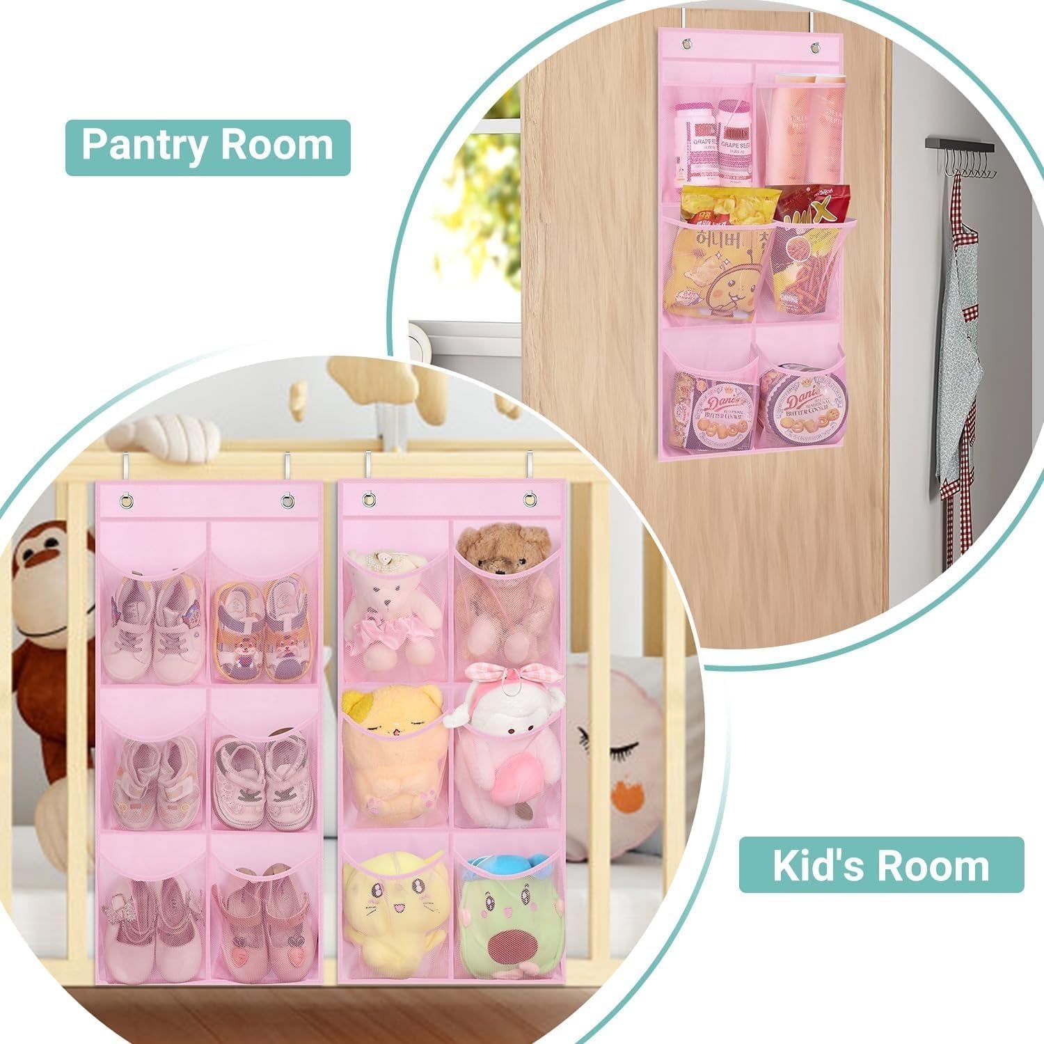 2 Packs Narrow Kids over the Door/Wall Shoe Organizer Small Baby Hanging Shoe Rack for Closet with Clear Mesh Pocket Shoe Storage for Toddler Girl Bedroom, Bathroom, RV, Pantry, Camping (Pink)