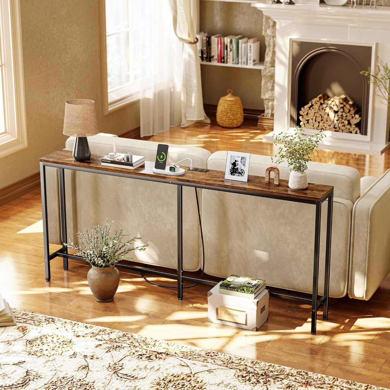 70-Inch Rustic Brown Console Table with Built-in Charging Station, Ideal for Living Room and Entryway Spaces