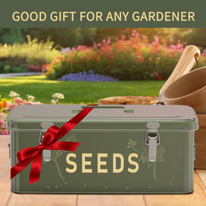 Metal Seed Storage Organizer with Lid, Includes 30 Plant Labels, 30 Seed Envelopes, and Marker Pen, Four-Compartment Design with Safety Locks, Blackish Green