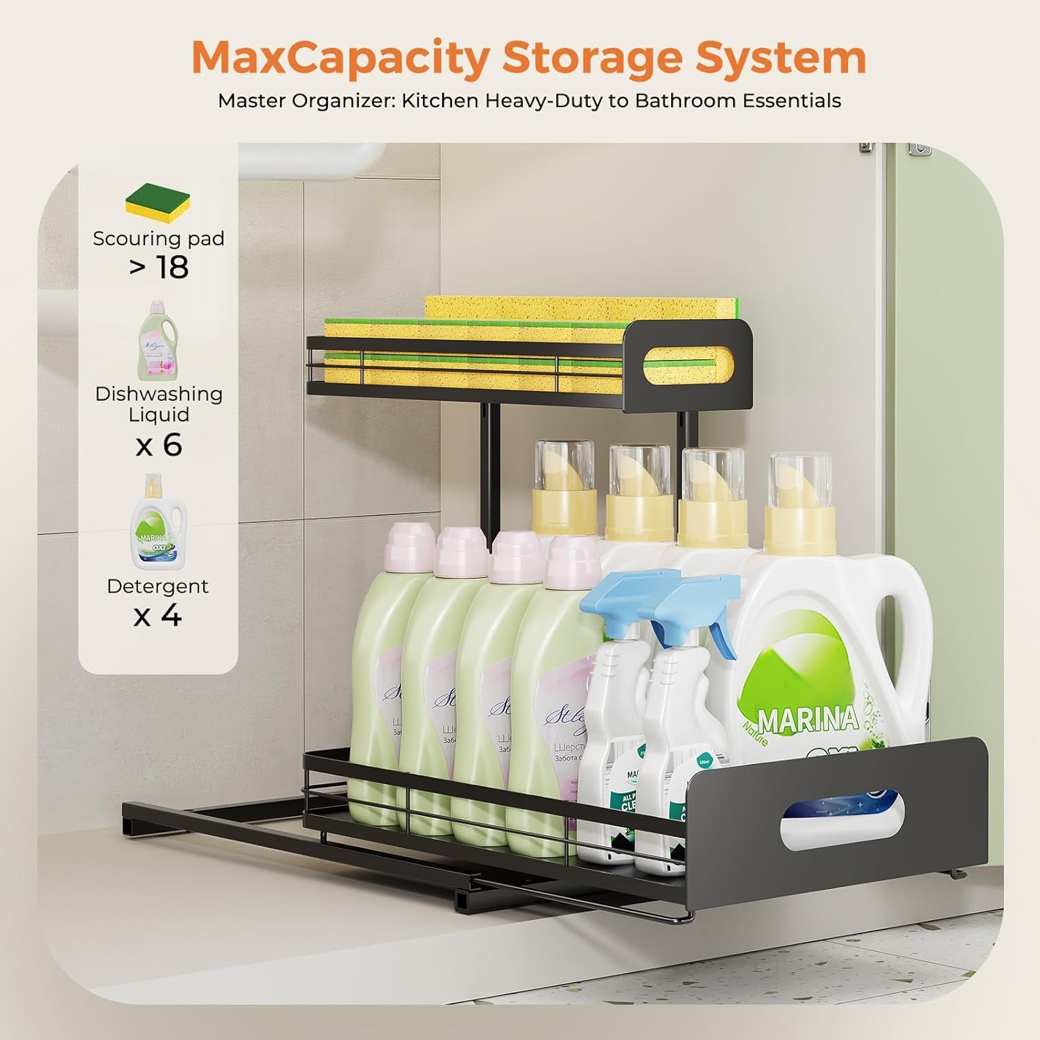 2 Pack Metal under Sink Organizers and Storage, 2 Tier Pull Out under Cabinet Organizer for Kitchen Bathroom, Adjustable under Sink Shelf for under Counter Storage Organizer, Black