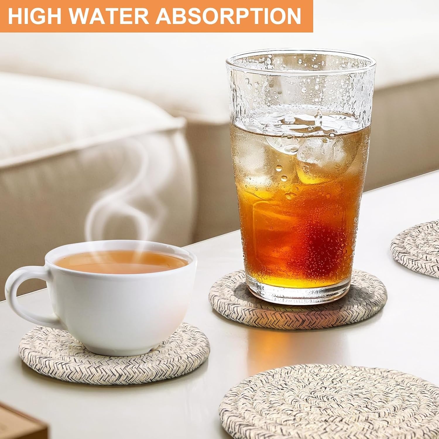 12 Pcs Handmade Woven Coasters for Drinks, Absorbent and Insulating Cotton Coasters with Seagrass Basket Holder Set, Boho Perfect for Coffee Table and Home Decor