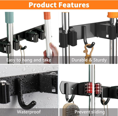 Stainless Steel Wall-Mounted Mop and Broom Holder with 3 Racks and 4 Hooks - Ideal for Kitchen, Garden, and Laundry Room Organization (Black)