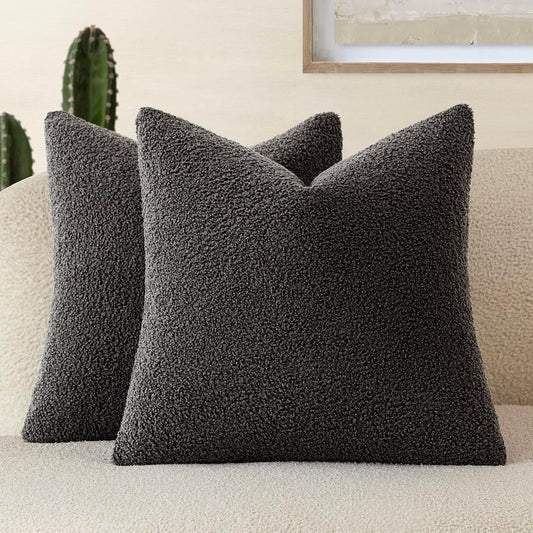 Pack of 2, Curly Faux Fur Decorative Throw Pillow Covers Soft Neutral Plush Cushion Case with Zipper Cozy Pillowcase for Home Living Room Couch Bed Sofa 16 X 16 Inch,Dark Gray