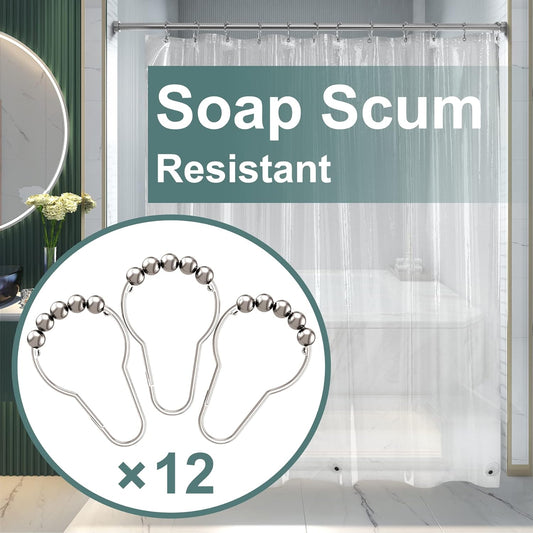 Shower Curtain Liner and Hooks Set-  12PCS Rust Proof Stainless Steel Shower Curtain Hooks Rings with bath 72X72 Clear Plastic Shower Curtain Liner