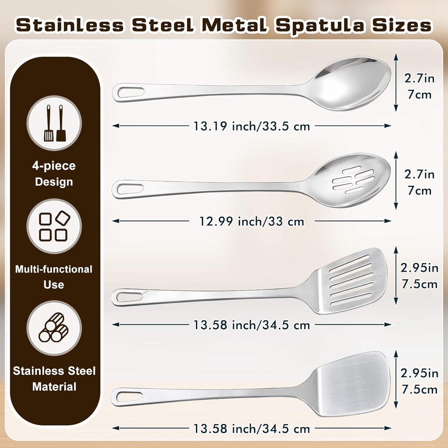 4 Pcs Cooking Utensils Set, Stainless Steel Kitchen Utensils, Heat Resistant Metal Kitchen Tools Include Solid & Slotted Turner Wok Spatula, Serving Spoon, Ergonomic Handle, Easy to Clean, Silver