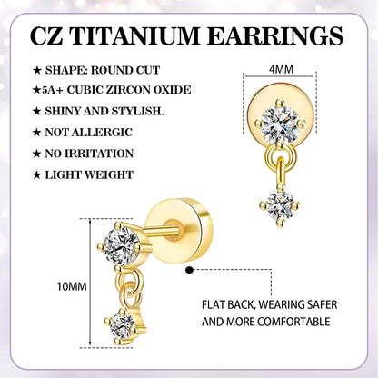 Mother'S Day Flat Back Stud Earrings for Women, 14K Gold Plated Screw Back Earrings, Two Tiny CZ Stud Flat Back Earrings, Hypoallergenic Stud Earrings for Helix Cartilage Piercing Jewelry (Style 1)