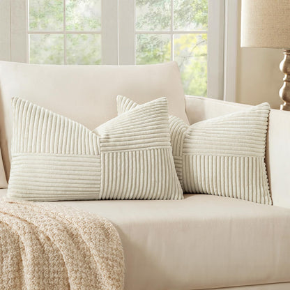 Beige Corduroy Decorative Pillow Covers - Set of 2, Soft Solid Couch Pillowcases with Cross Patchwork Design for Living Room and Bedroom, 12x24 Inches