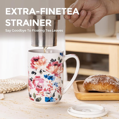 Ceramic Tea Mug with Infuser and Lid, 18 Ounce Capacity, Microwave and Dishwasher Safe, Ideal for Loose Leaf Tea Enthusiasts
