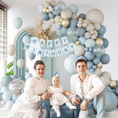 141Pcs Dusty Blue Balloons, Dusty Blue Balloon Arch Kit with Gold White Sand Pastel Blue Confetti Balloons for Gender Reveal Birthday Baby Shower Decorations