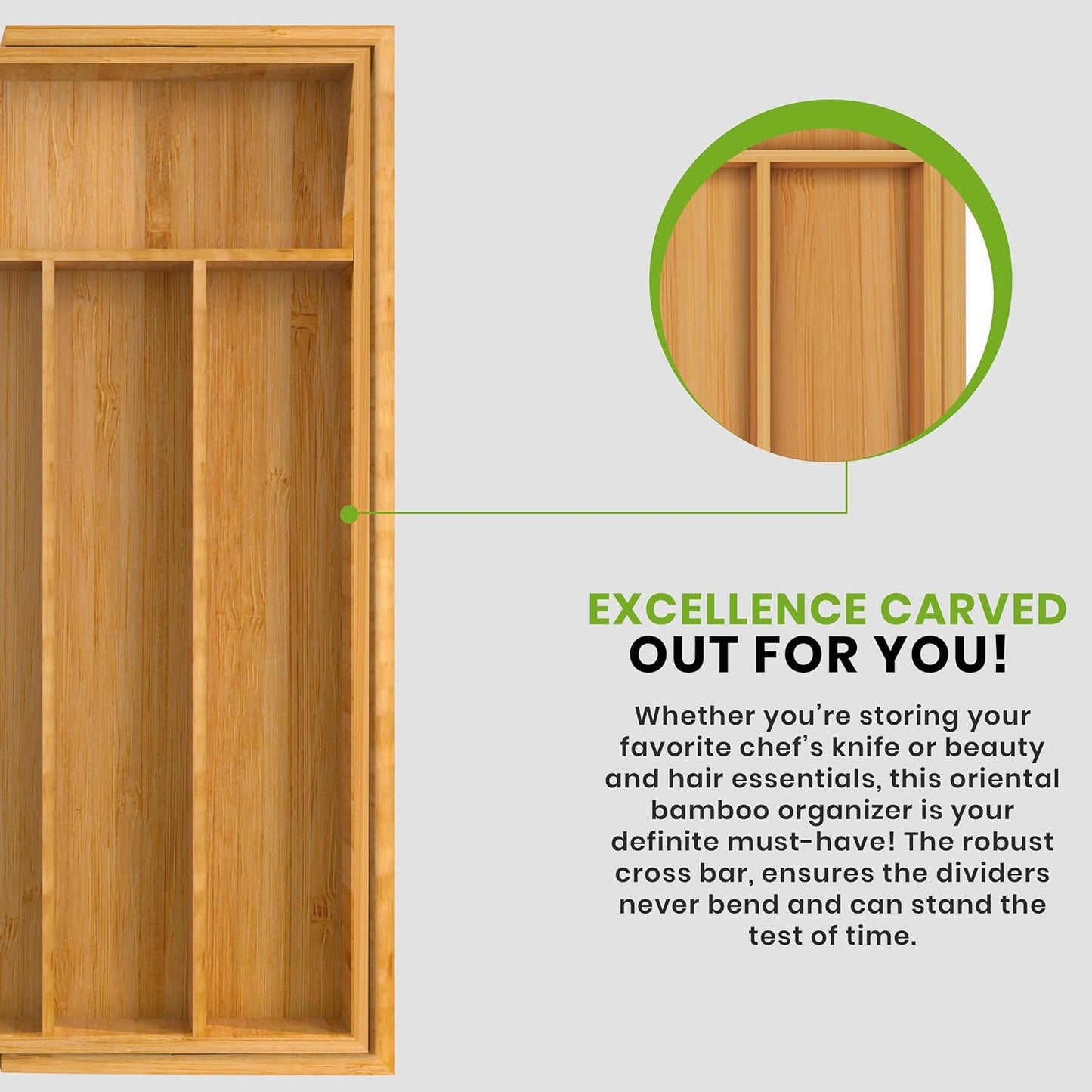 Expandable Bamboo Utensil Drawer Organizer, Silverware Organizer for Cutlery, Flatware Holder (5-7 Slots, Natural) - Pack of 1