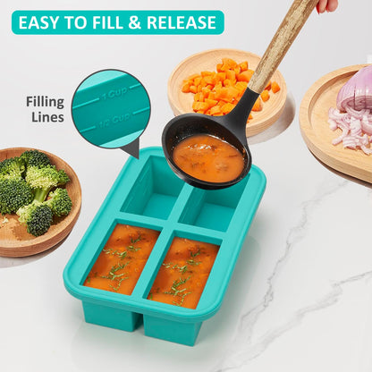 Silicone Freezer Trays with Lid, 3 Pack of 1 Cup 2 Cup 6 Cup, Airtight Large Silicone Ice Cube Tray Mold for Soup Cube Food Storage Meal Prep, Steel Reinforced Rim, Oven Dishwasher Safe, Aqua