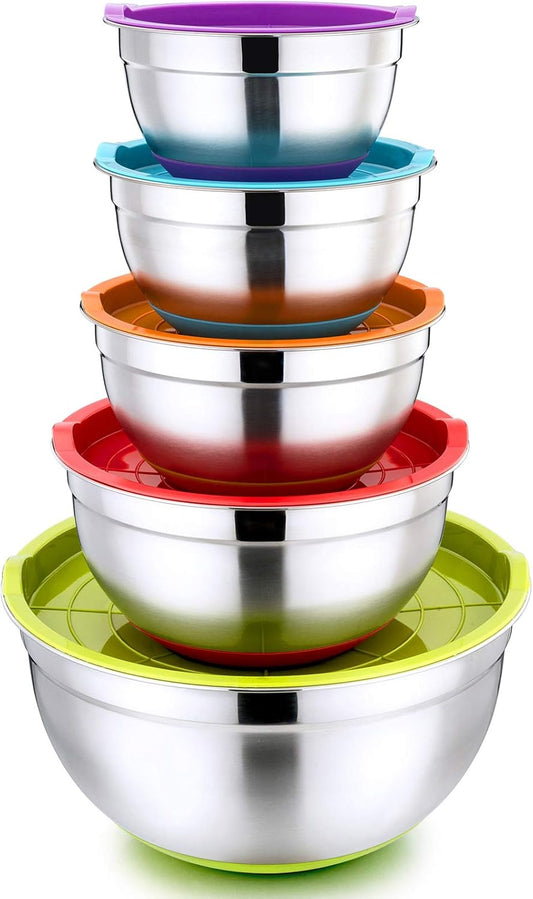 Mixing Bowls with Lids Set of 5, Stainless Steel Nesting Salad Bowl with Lid & Base for Non-Slip Mixing Prepping Storing Serving, 5 Sizes-7/3.5/2.5/1.5/1 QT, Multicolor