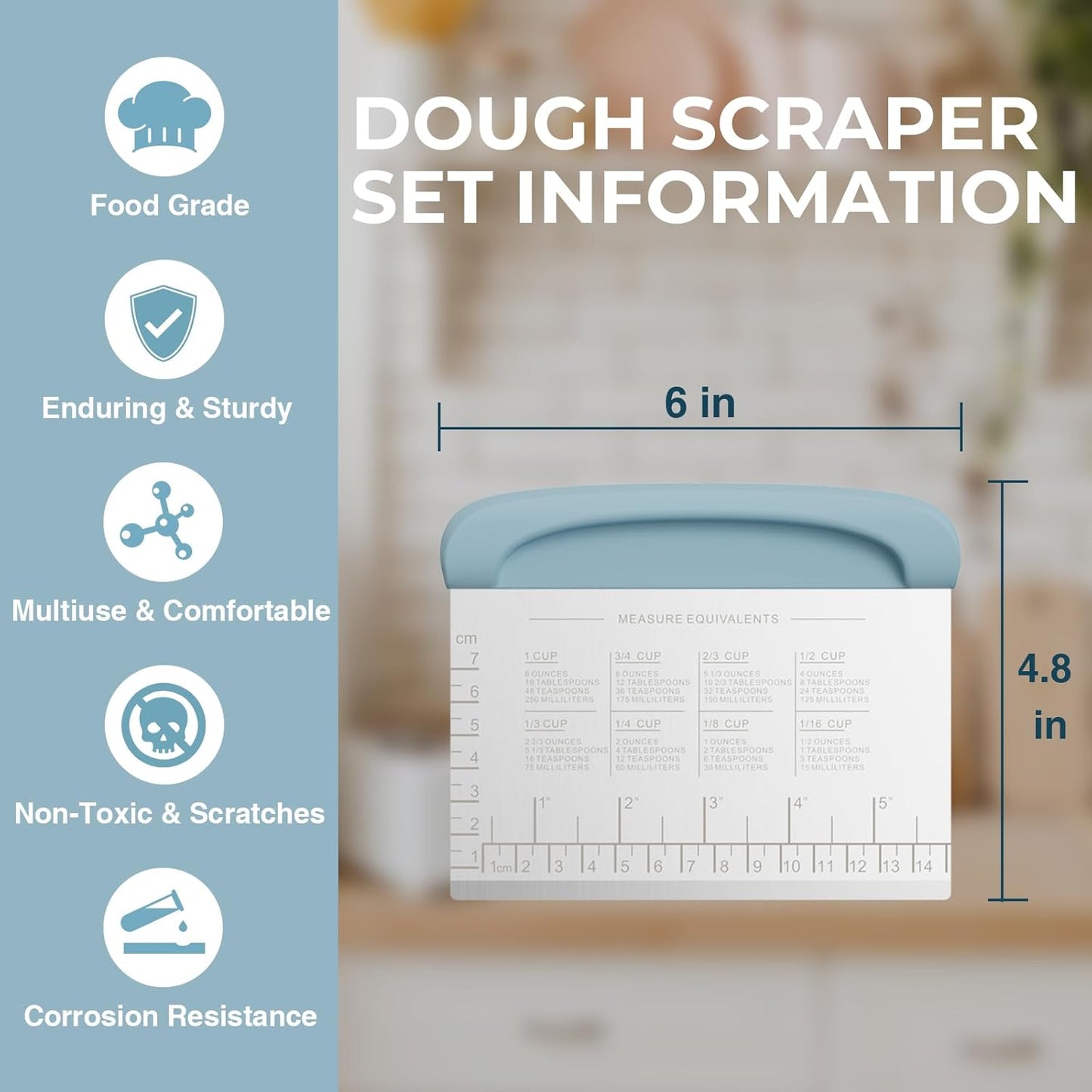 Bench Scraper Dough Cutter Tool - Pastry Scraper for Bread Cake Pizza, Bench Knife Kitchen Dough Scraper for Baking, Stainless Steel Food Scraper with Grip Handles & Measuring Scale, Blue