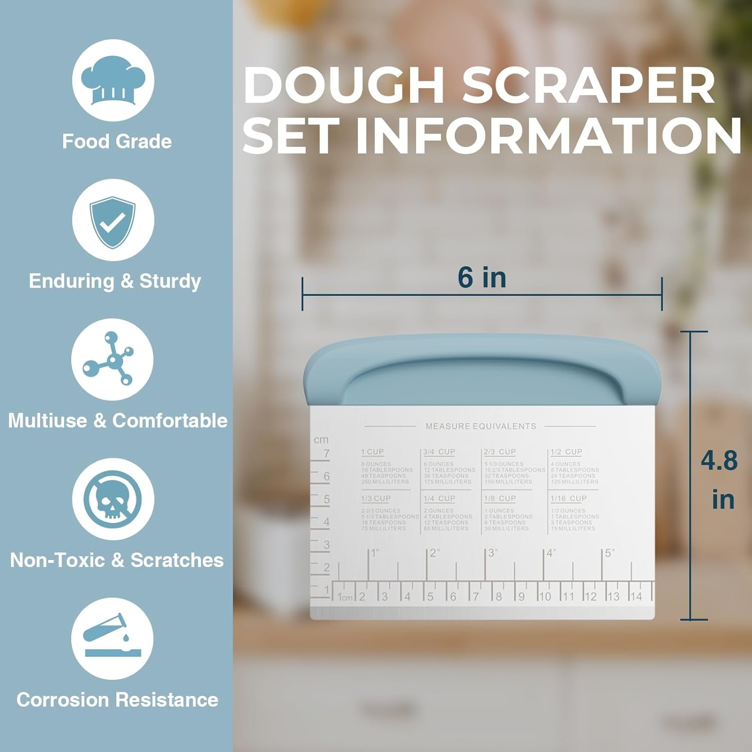 Bench Scraper Dough Cutter Tool - Pastry Scraper for Bread Cake Pizza, Bench Knife Kitchen Dough Scraper for Baking, Stainless Steel Food Scraper with Grip Handles & Measuring Scale, Blue