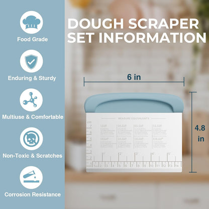 Bench Scraper Dough Cutter Tool - Pastry Scraper for Bread Cake Pizza, Bench Knife Kitchen Dough Scraper for Baking, Stainless Steel Food Scraper with Grip Handles & Measuring Scale, Blue