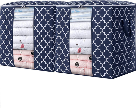 Storage Bags 2 Pack/100L Large Blanket Clothes Organization and Storage Containers for Comforters,Bedding, Foldable Organizer with Reinforced Handle, Clear Window, Sturdy Zippers,Blue