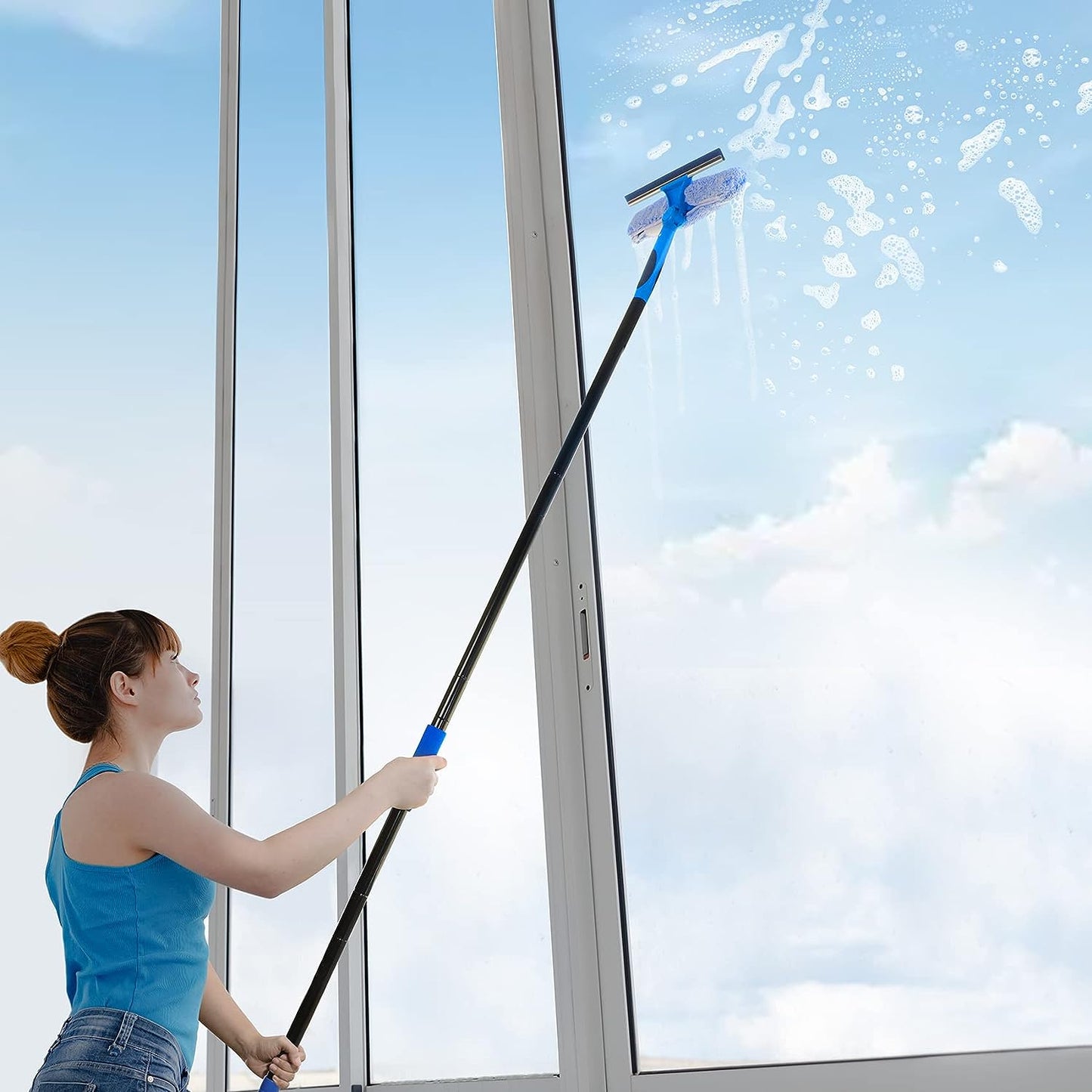 Professional 69'' Window Squeegee Cleaner Tool with Extension Pole, 2-In-1 Squeegee for Window Cleaning Kit with Scrubber and Rotating Head, 1 Blade 2 Scrubber