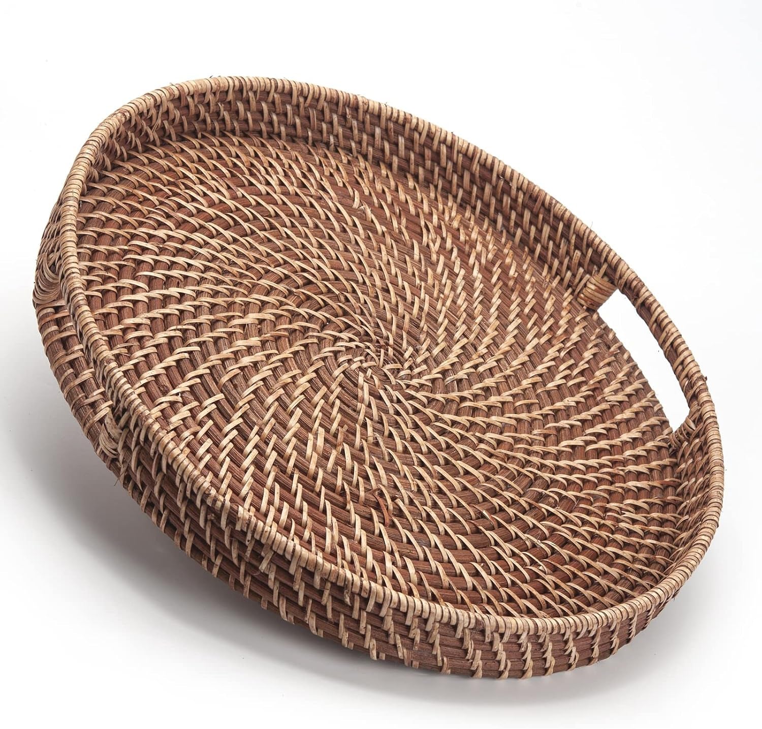 Round Rattan Woven Serving Tray with Handles Ottoman Tray for Breakfast, Drinks, Snacks for Coffee Table, Home Decorative (Honey Brown, 13.8"X2")